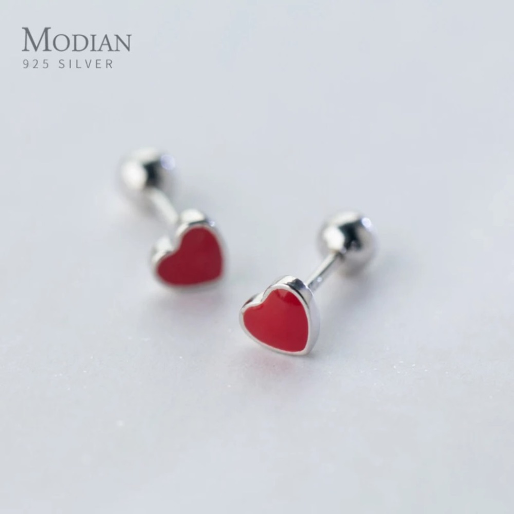 Sterling Red and silver Enamel heart studs